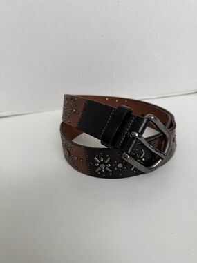 Y2K Fossil Belt Leather Studded Flower Black Brown Silver Gold Gunmetal Buckle